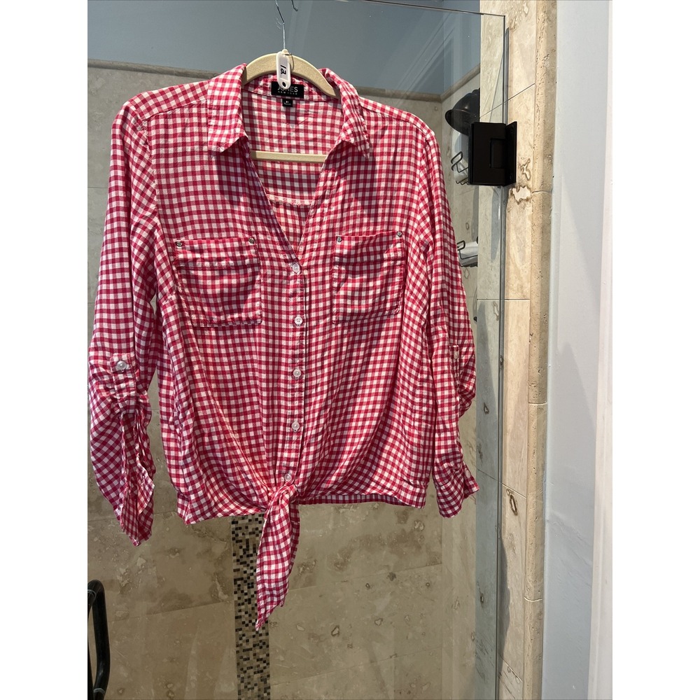 Jones New York Pink Plaid Button Up Shirt M Front Tie Gingham Country Check